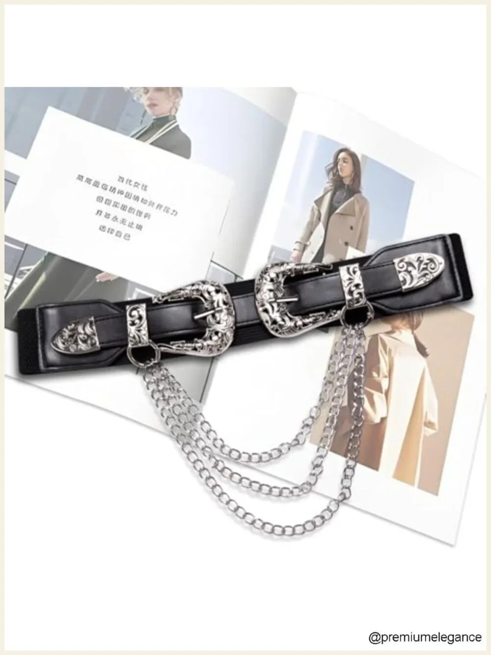 Leather Chained Belt Double Floral Buckle Adjustable Western Cowboy Style Women